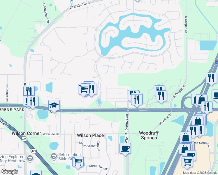 map of restaurants, bars, coffee shops, grocery stores, and more near 5632 Siracusa Lane in Sanford