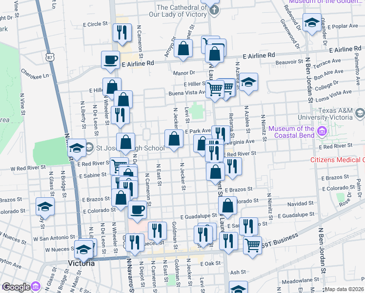 map of restaurants, bars, coffee shops, grocery stores, and more near 2002 North Jecker Street in Victoria