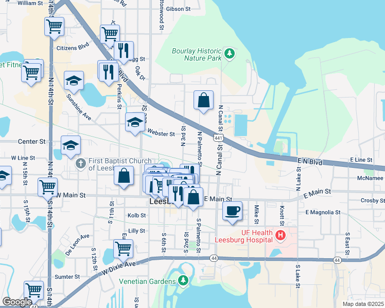 map of restaurants, bars, coffee shops, grocery stores, and more near 201 Rosefield Avenue in Leesburg