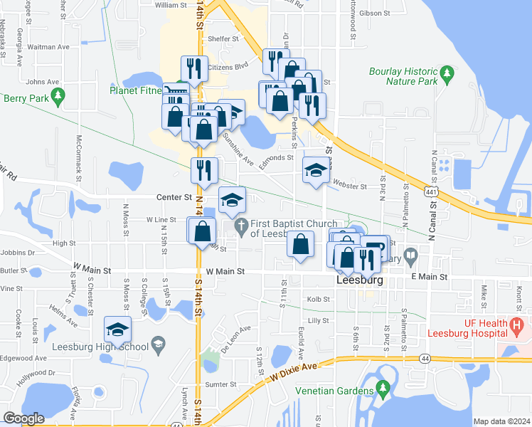map of restaurants, bars, coffee shops, grocery stores, and more near 1120 West Line Street in Leesburg