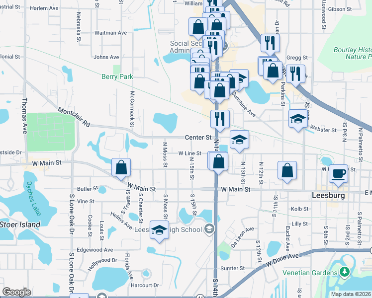 map of restaurants, bars, coffee shops, grocery stores, and more near 311 North 15th Street in Leesburg