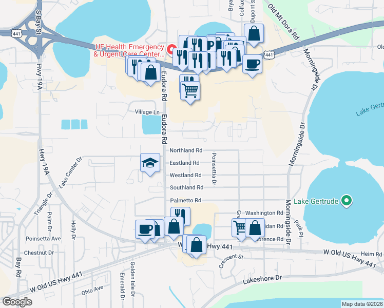 map of restaurants, bars, coffee shops, grocery stores, and more near 2715 Northland Road in Mount Dora