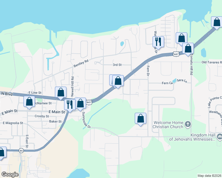 map of restaurants, bars, coffee shops, grocery stores, and more near 1602 East Main Street in Leesburg