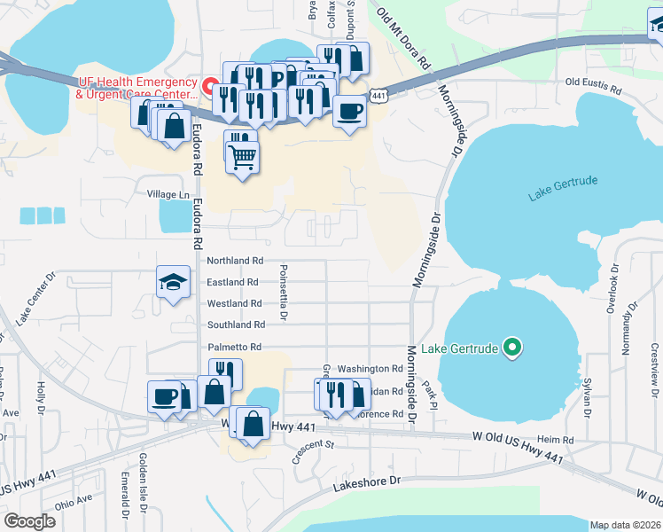 map of restaurants, bars, coffee shops, grocery stores, and more near 2429 Northland Road in Mount Dora