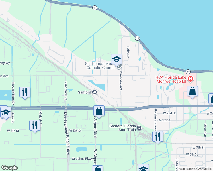 map of restaurants, bars, coffee shops, grocery stores, and more near 2783 River Landing Drive in Sanford