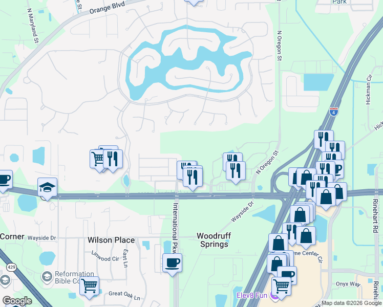 map of restaurants, bars, coffee shops, grocery stores, and more near 429 Fawn Hill Place in Sanford
