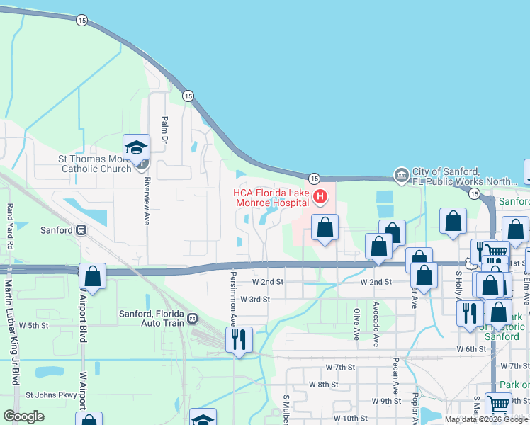 map of restaurants, bars, coffee shops, grocery stores, and more near 1800 West 1st Street in Sanford