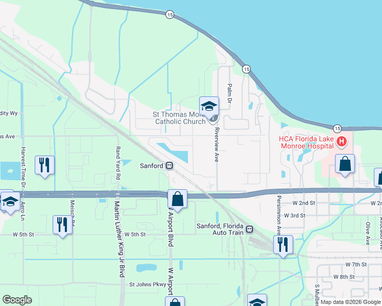 map of restaurants, bars, coffee shops, grocery stores, and more near 2783 River Landing Drive in Sanford