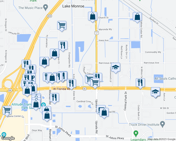 map of restaurants, bars, coffee shops, grocery stores, and more near 267 Petunia Terrace in Sanford