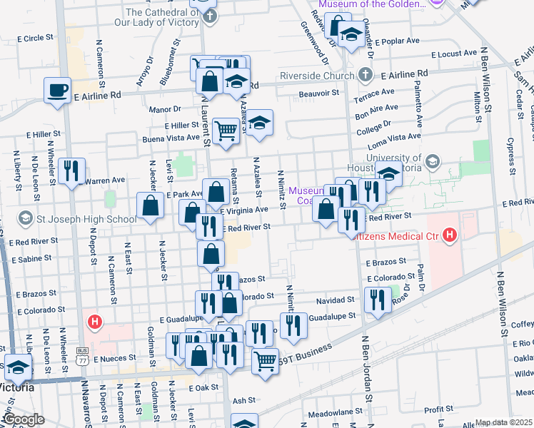 map of restaurants, bars, coffee shops, grocery stores, and more near 1504 East Virginia Avenue in Victoria