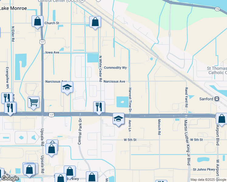 map of restaurants, bars, coffee shops, grocery stores, and more near 461 Merry Brook Circle in Sanford