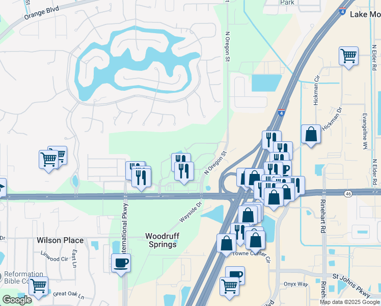 map of restaurants, bars, coffee shops, grocery stores, and more near 5223 Hawkstone Drive in Sanford