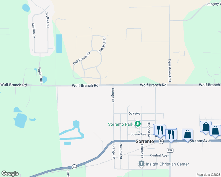 map of restaurants, bars, coffee shops, grocery stores, and more near 23490 Wolf Branch Road in Sorrento