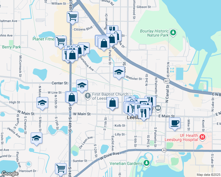 map of restaurants, bars, coffee shops, grocery stores, and more near 311 Perkins Street in Leesburg