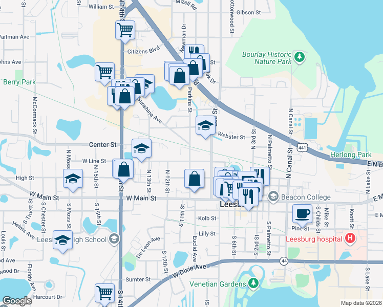 map of restaurants, bars, coffee shops, grocery stores, and more near 308 Perkins Street in Leesburg