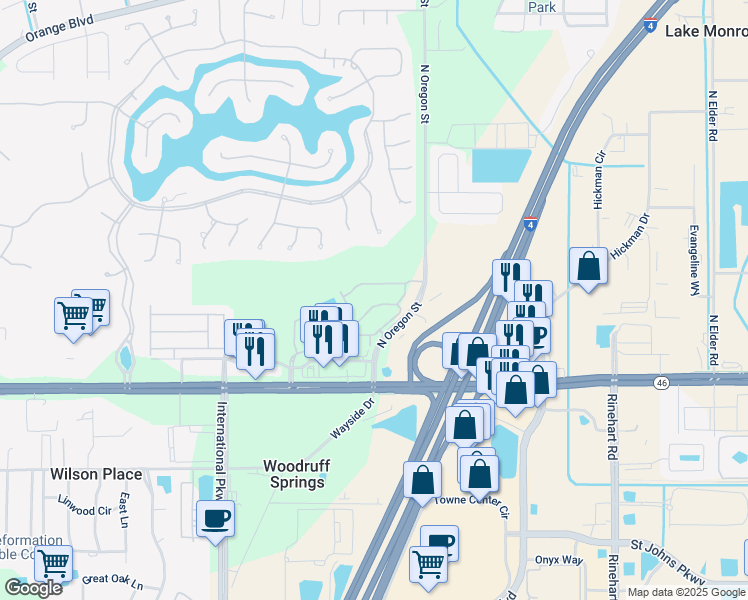map of restaurants, bars, coffee shops, grocery stores, and more near 5131 Hawkstone Drive in Sanford
