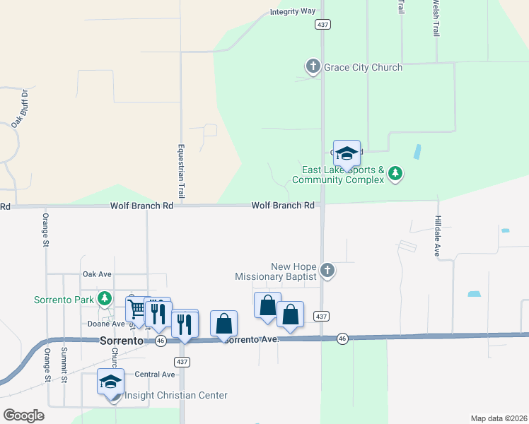 map of restaurants, bars, coffee shops, grocery stores, and more near 24250 Wolf Branch Road in Sorrento