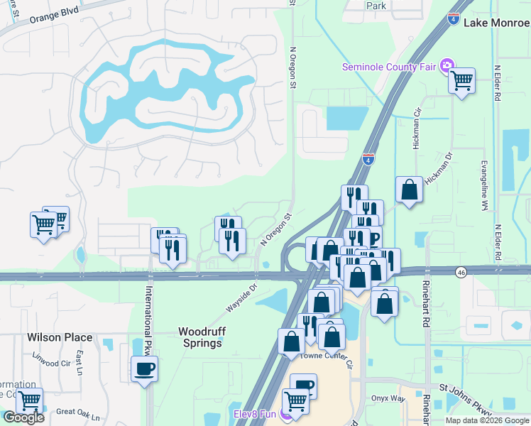 map of restaurants, bars, coffee shops, grocery stores, and more near 5005 Hawkstone Drive in Sanford