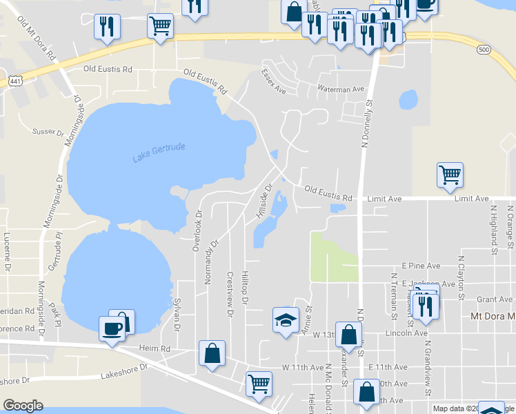 map of restaurants, bars, coffee shops, grocery stores, and more near 2017 Hillside Drive in Mount Dora