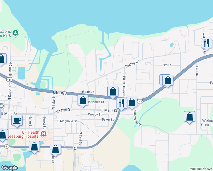 map of restaurants, bars, coffee shops, grocery stores, and more near 1181 Bentley Road in Leesburg