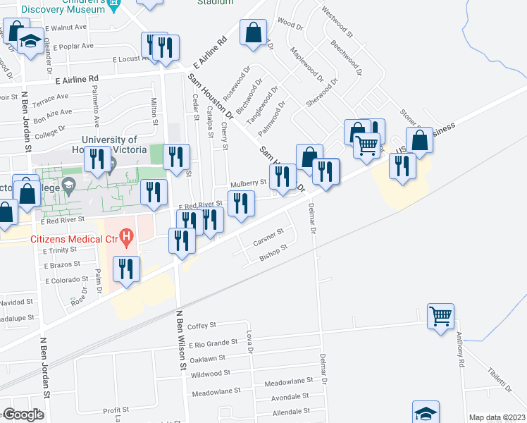 map of restaurants, bars, coffee shops, grocery stores, and more near 3304 Houston Highway in Victoria