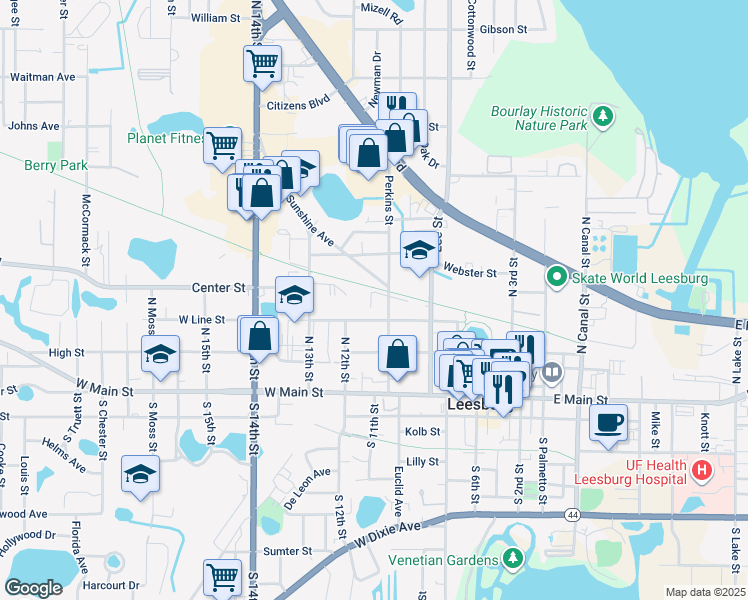 map of restaurants, bars, coffee shops, grocery stores, and more near 311 Perkins Street in Leesburg