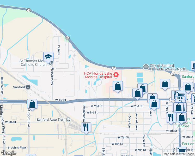 map of restaurants, bars, coffee shops, grocery stores, and more near 1800 West 1st Street in Sanford
