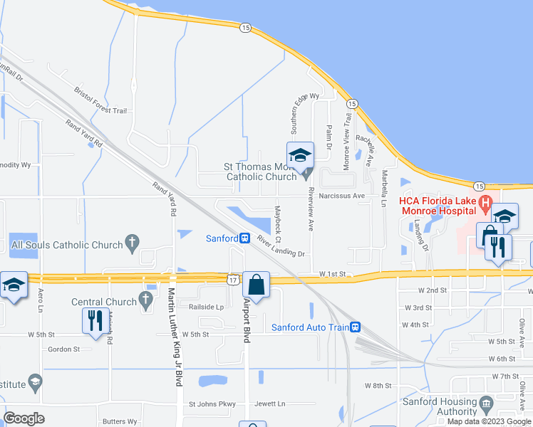 map of restaurants, bars, coffee shops, grocery stores, and more near 2788 River Landing Drive in Sanford