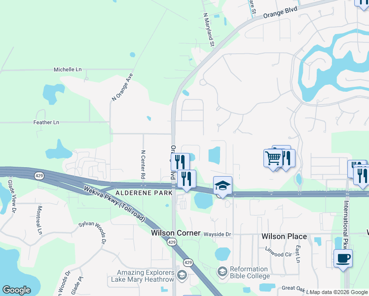 map of restaurants, bars, coffee shops, grocery stores, and more near 144 Overoaks Place in Sanford
