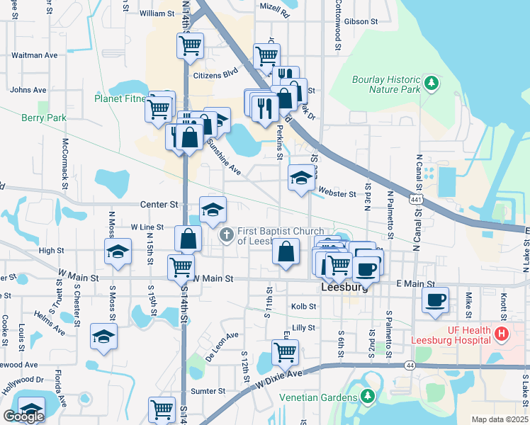 map of restaurants, bars, coffee shops, grocery stores, and more near 311 Perkins Street in Leesburg