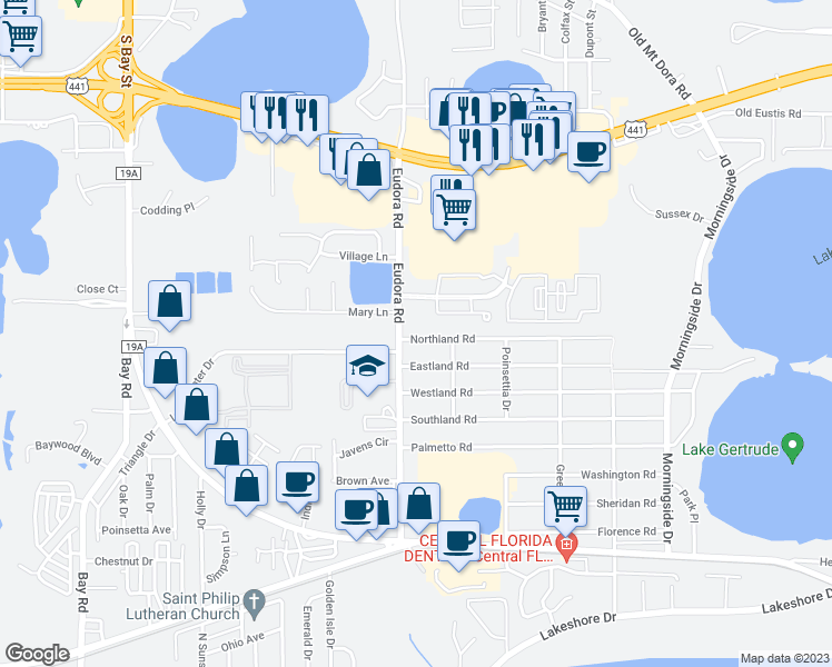 map of restaurants, bars, coffee shops, grocery stores, and more near 2951 Northland Road in Mount Dora