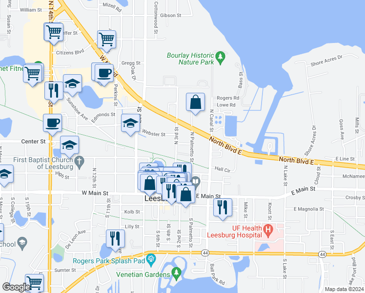 map of restaurants, bars, coffee shops, grocery stores, and more near 201 Rosefield Avenue in Leesburg