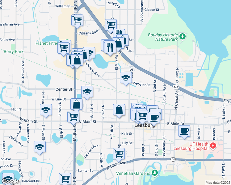 map of restaurants, bars, coffee shops, grocery stores, and more near 311 Perkins Street in Leesburg