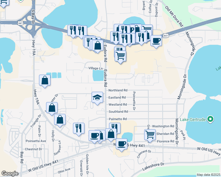 map of restaurants, bars, coffee shops, grocery stores, and more near 2971 Northland Road in Mount Dora