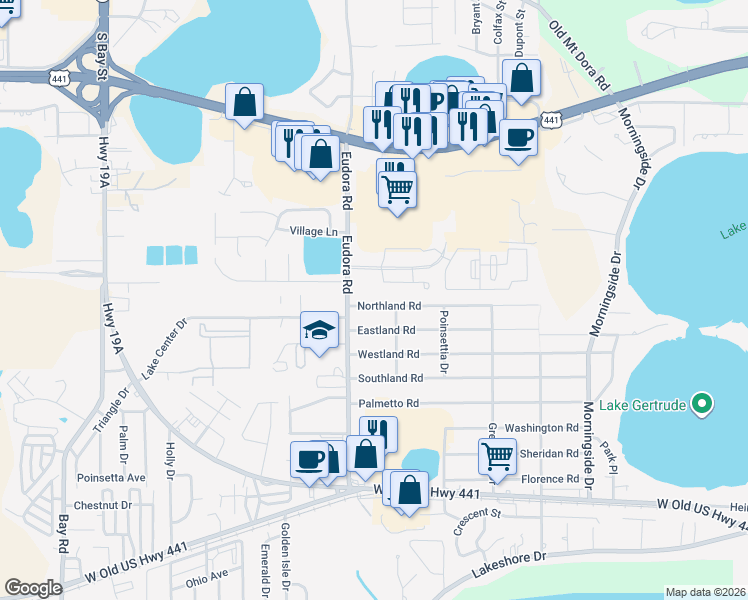 map of restaurants, bars, coffee shops, grocery stores, and more near 2831 Northland Road in Mount Dora