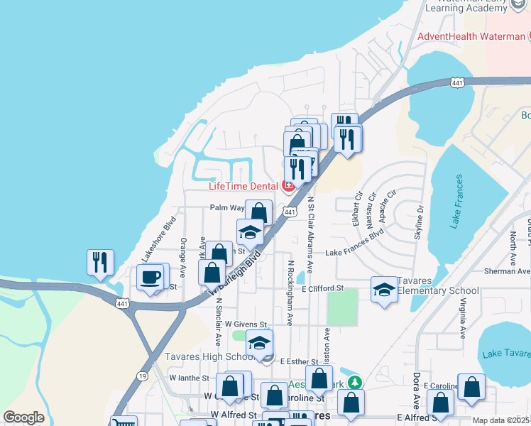 map of restaurants, bars, coffee shops, grocery stores, and more near 111 Palm Way in Tavares