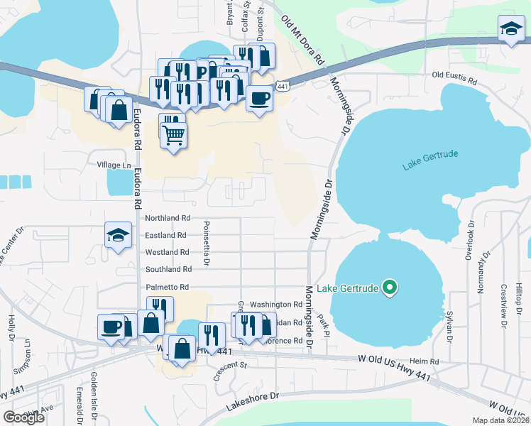 map of restaurants, bars, coffee shops, grocery stores, and more near 2271 Northland Road in Mount Dora