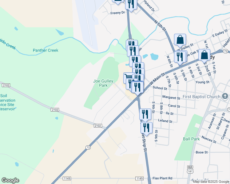 map of restaurants, bars, coffee shops, grocery stores, and more near 104 Nottingham Lane in Kenedy