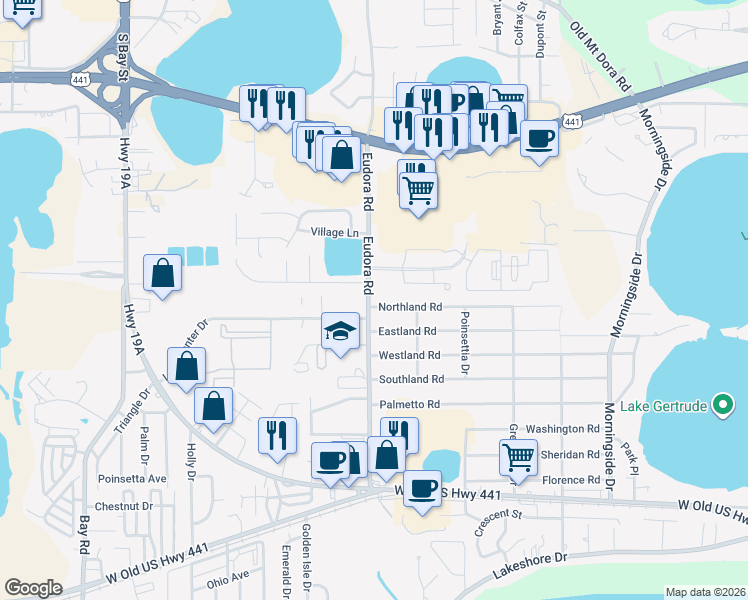 map of restaurants, bars, coffee shops, grocery stores, and more near 2971 Northland Road in Mount Dora