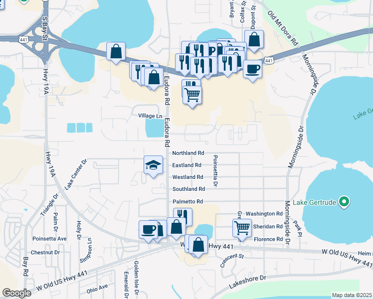map of restaurants, bars, coffee shops, grocery stores, and more near 2811 Northland Road in Mount Dora