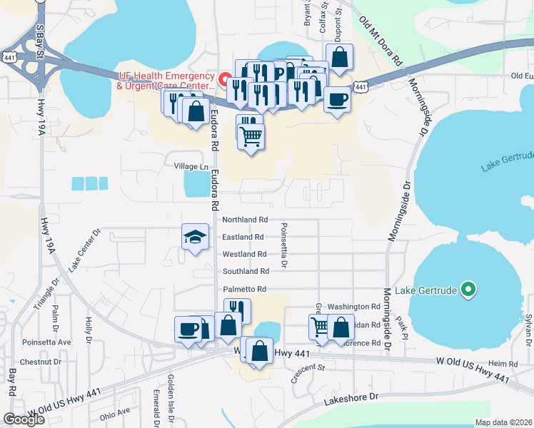 map of restaurants, bars, coffee shops, grocery stores, and more near 2715 Northland Road in Mount Dora