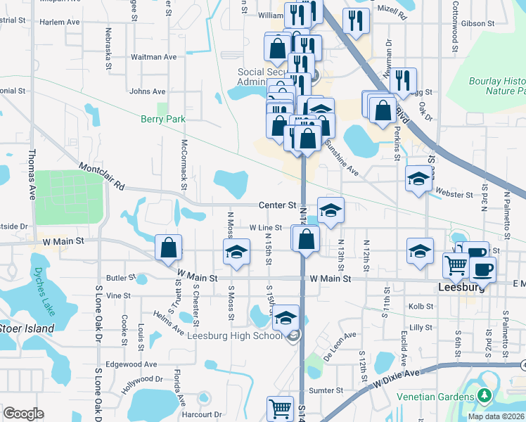 map of restaurants, bars, coffee shops, grocery stores, and more near 311 North 15th Street in Leesburg
