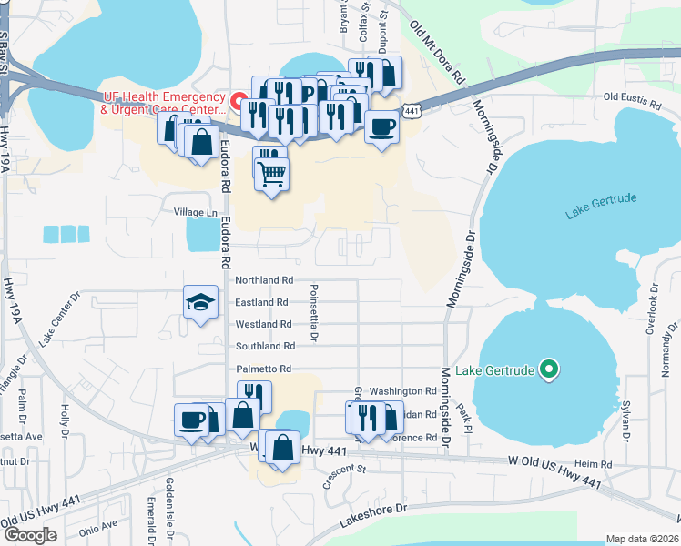 map of restaurants, bars, coffee shops, grocery stores, and more near 2429 Northland Road in Mount Dora
