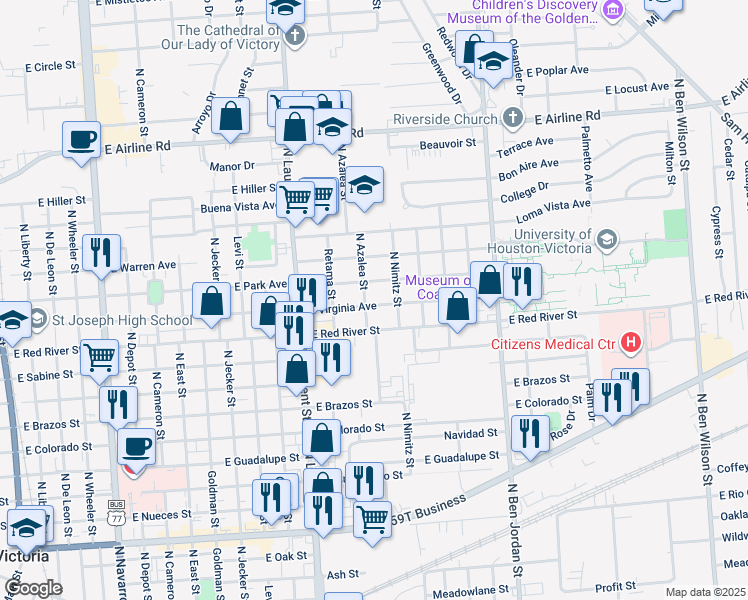 map of restaurants, bars, coffee shops, grocery stores, and more near 1504 East Virginia Avenue in Victoria
