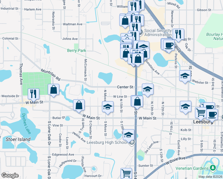 map of restaurants, bars, coffee shops, grocery stores, and more near 1603 Center Street in Leesburg