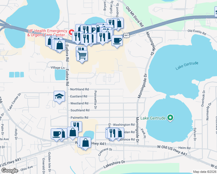 map of restaurants, bars, coffee shops, grocery stores, and more near 2429 Northland Road in Mount Dora