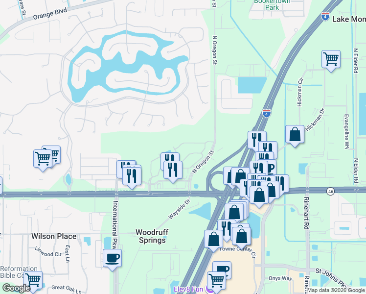 map of restaurants, bars, coffee shops, grocery stores, and more near 5131 Hawkstone Drive in Sanford