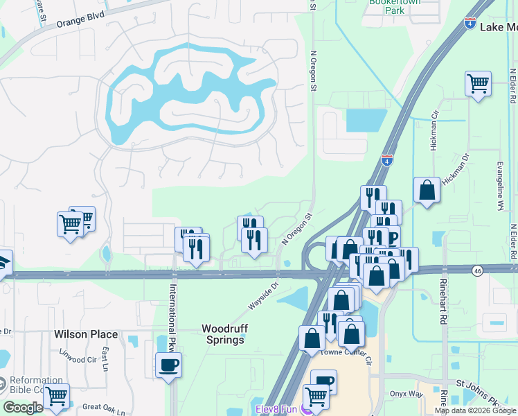 map of restaurants, bars, coffee shops, grocery stores, and more near 5131 Hawkstone Drive in Sanford
