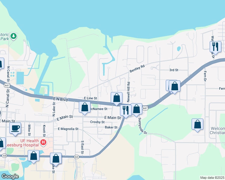 map of restaurants, bars, coffee shops, grocery stores, and more near 1175 Bentley Road in Leesburg