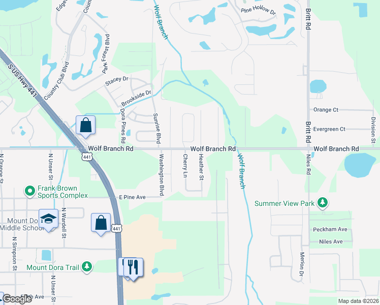 map of restaurants, bars, coffee shops, grocery stores, and more near 2070 Cherry Lane in Mount Dora